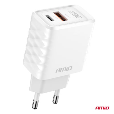 Vægoplader Hurtigoplader GaN 38W USB-A + USB-C AMIO-04287