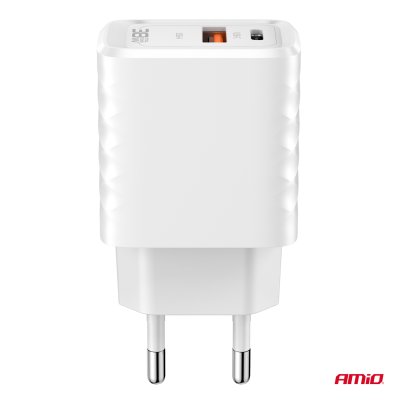 Vægoplader Hurtigoplader GaN 38W USB-A + USB-C AMIO-04287