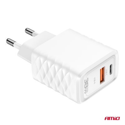 Vægoplader Hurtigoplader GaN 38W USB-A + USB-C AMIO-04287