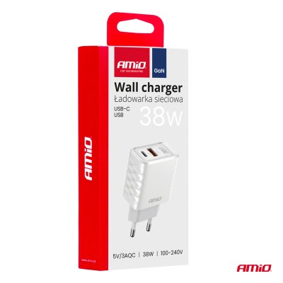 Vægoplader Hurtigoplader GaN 38W USB-A + USB-C AMIO-04287