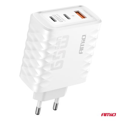 Vægbaseret oplader Quick Charge 65W USB-A + 2xUSB-C AMIO-04289