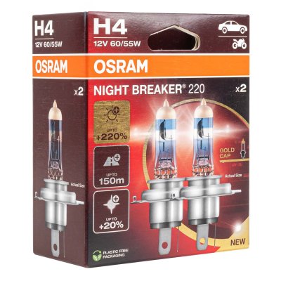 Halogenpære Osram H4 12V 60/55W P43t NIGHT BREAKER 200 /2 stk