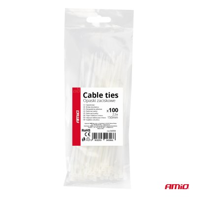 Hvide kabelbindere 2.5×150mm 100 stk. AMIO-04306