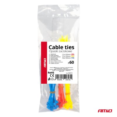 Multifarvet plastkabelbindere sæt af 60 stk. AMIO-04313