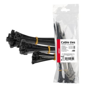 Sort kort plastik kabelbindere sæt af 60 stk. AMIO-04314