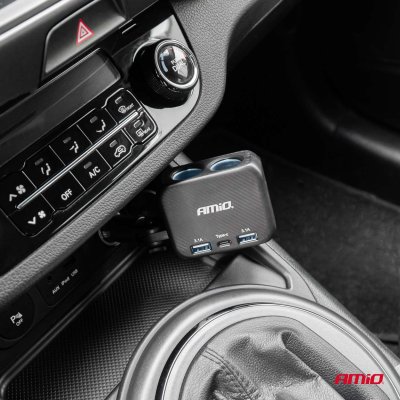 Dobbelt forlængerstik oplader 2x USB A 1x USB C 12/24V 100W 180° AMIO-04357