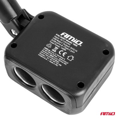 Dobbelt forlængerstik oplader 2x USB A 1x USB C 12/24V 100W 180° AMIO-04357
