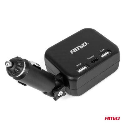 Dobbelt forlængerstik oplader 2x USB A 1x USB C 12/24V 100W 180° AMIO-04357