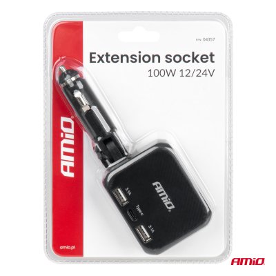 Dobbelt forlængerstik oplader 2x USB A 1x USB C 12/24V 100W 180° AMIO-04357