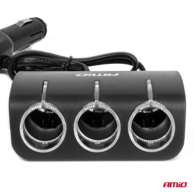 Triple forlænger stikdåse oplader 1x USB A 1x cigarettænder 12/24V 120W 80cm AMIO-04360