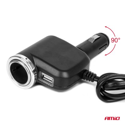 Triple forlænger stikdåse oplader 1x USB A 1x cigarettænder 12/24V 120W 80cm AMIO-04360