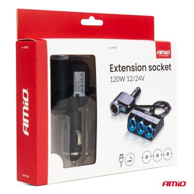 Triple forlænger stikdåse oplader 1x USB A 1x cigarettænder 12/24V 120W 80cm AMIO-04360