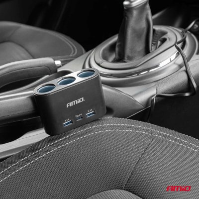 Triple forlænger stikdåse oplader 2x USB A 1x USB C 12/24V 120W 70cm AMIO-04361