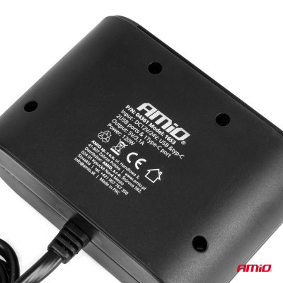 Triple forlænger stikdåse oplader 2x USB A 1x USB C 12/24V 120W 70cm AMIO-04361