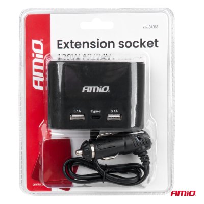 Triple forlænger stikdåse oplader 2x USB A 1x USB C 12/24V 120W 70cm AMIO-04361