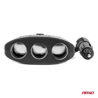 Triple forlængelsessokkel oplader 2x USB A ON/OFF knap 12/24V 100W 70cm AMIO-04362