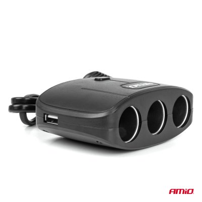 Triple forlængelsessokkel oplader 2x USB A ON/OFF knap 12/24V 100W 70cm AMIO-04362