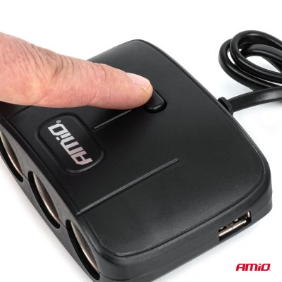 Triple forlængelsessokkel oplader 2x USB A ON/OFF knap 12/24V 100W 70cm AMIO-04362