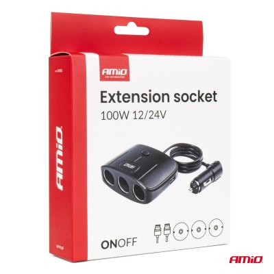 Triple forlængelsessokkel oplader 2x USB A ON/OFF knap 12/24V 100W 70cm AMIO-04362