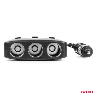 Triple forlængelsesstik oplader 2x USB A Tænd/sluk knap LED indikator 12/24V 100W 70cm AMIO-04363