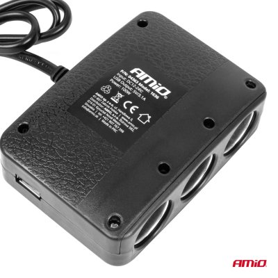 Triple forlængelsesstik oplader 2x USB A Tænd/sluk knap LED indikator 12/24V 100W 70cm AMIO-04363