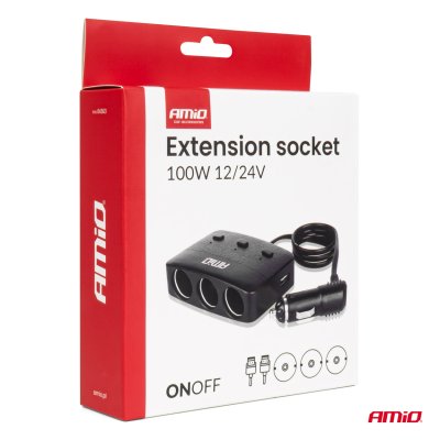 Triple forlængelsesstik oplader 2x USB A Tænd/sluk knap LED indikator 12/24V 100W 70cm AMIO-04363
