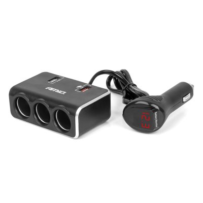 Triple forlængersokkeloplader med digital skærm 2x USB A QC 3.0 12/24V 120W 80cm AMIO-04364
