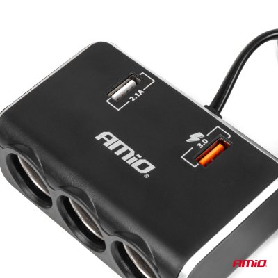 Triple forlængersokkeloplader med digital skærm 2x USB A QC 3.0 12/24V 120W 80cm AMIO-04364
