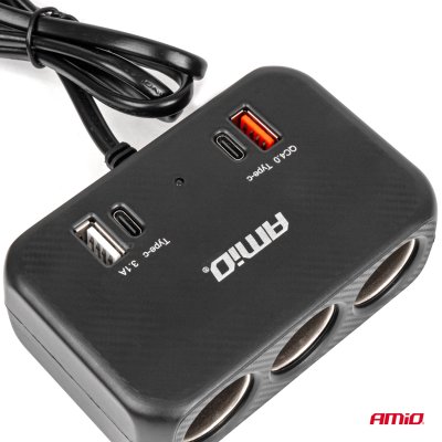 Triple forlængelsesstikoplader 1x USB A 1x USB C QC 4.0 12/24V 120W 80cm AMIO-04365
