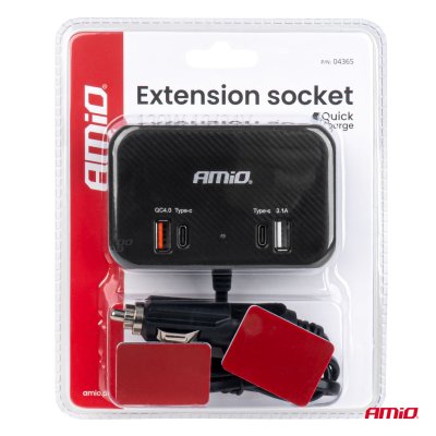Triple forlængelsesstikoplader 1x USB A 1x USB C QC 4.0 12/24V 120W 80cm AMIO-04365