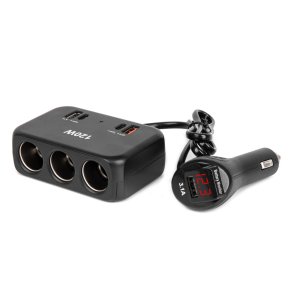 Triple forlængerstik oplader med digital skærm 2x USB A 1x USB C QC 4.0 12/24V 120W 80cm AMIO-04366