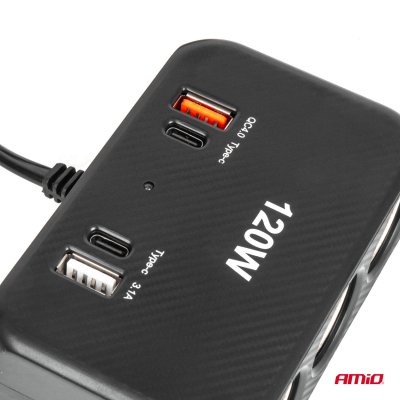 Triple forlængerstik oplader med digital skærm 2x USB A 1x USB C QC 4.0 12/24V 120W 80cm AMIO-04366
