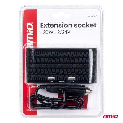 Firefoldet forlængersokkel oplader 2x USB A 1x USB C 12/24V 120W 80cm AMIO-04367