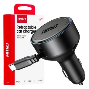 Utrækkelig biloplader C kabel + USB C port 12/24V 60W AMIO-04368