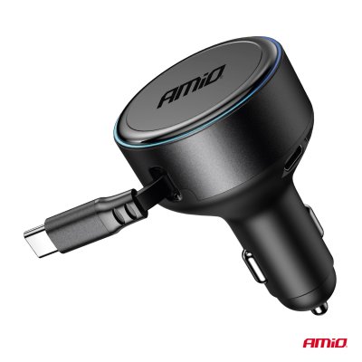 Utrækkelig biloplader C kabel + USB C port 12/24V 60W AMIO-04368