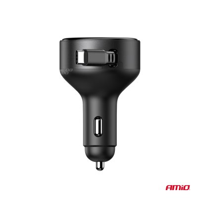 Utrækkelig biloplader C kabel + USB C port 12/24V 60W AMIO-04368
