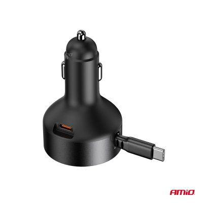 Utrækkelig biloplader C kabel + USB C port 12/24V 60W AMIO-04368