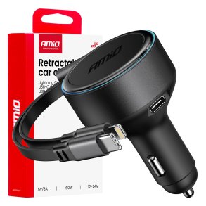 Udtrækkelig biloplader C kabel + lightning kabel + USB C port 12/24V 60W AMIO-04370