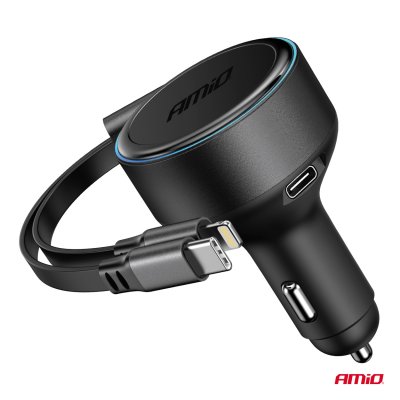 Udtrækkelig biloplader C kabel + lightning kabel + USB C port 12/24V 60W AMIO-04370