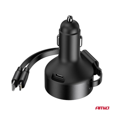 Udtrækkelig biloplader C kabel + lightning kabel + USB C port 12/24V 60W AMIO-04370