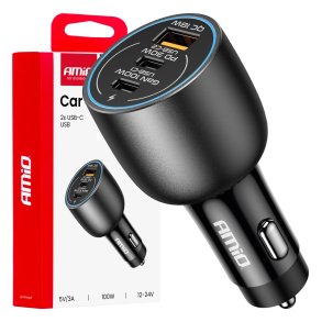 Biloplader 2x USB C-port + USB A-port 12/24V 100W AMIO-04371