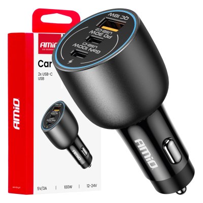 Biloplader 2x USB C-port + USB A-port 12/24V 100W AMIO-04371