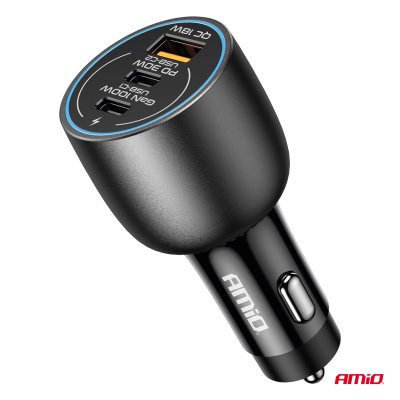 Biloplader 2x USB C-port + USB A-port 12/24V 100W AMIO-04371