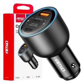 Biloplader med dobbelt USB C-port + USB A-port 12/24V 95W AMIO-04372