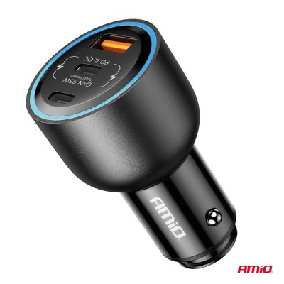 Biloplader med dobbelt USB C-port + USB A-port 12/24V 95W AMIO-04372