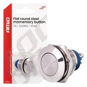 Flad rund stål momentknap 19 mm, 5 A, 12/230 V, AMIO-04436