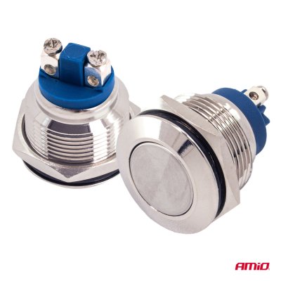 Flad rund stål momentknap 19 mm, 5 A, 12/230 V, AMIO-04436