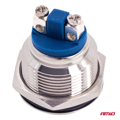 Flad rund stål momentknap 19 mm, 5 A, 12/230 V, AMIO-04436