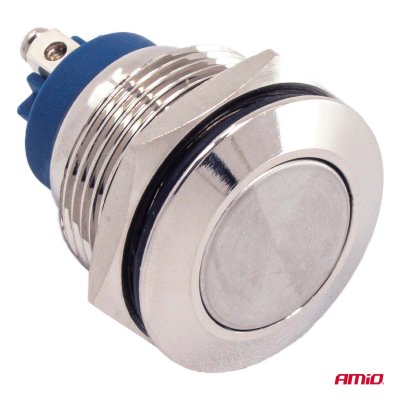 Flad rund stål momentknap 19 mm, 5 A, 12/230 V, AMIO-04436