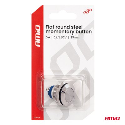 Flad rund stål momentknap 19 mm, 5 A, 12/230 V, AMIO-04436